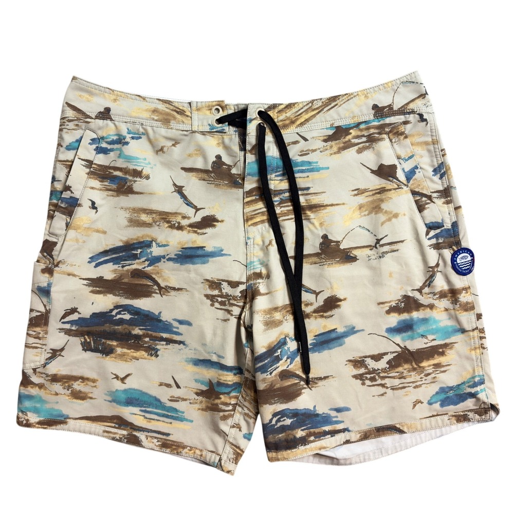 AFTCO American Fishing Tackle Co Mens Board Shorts Beige Fishing Print Size 38